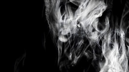 Vertical streams of bright white smoke rising on pitch black background, twisting wisps and tendrils forming dramatic abstract texture ideal for posters, banners, music artwork, fantasy effects and ci