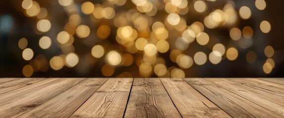 Warm wooden tabletop with blurred golden bokeh lights background