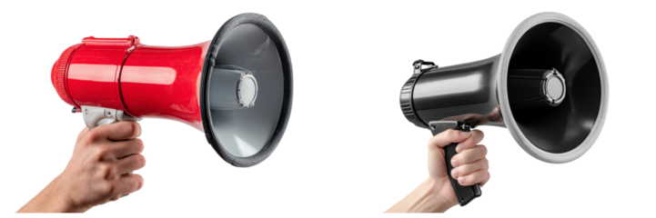 Two hands holding red and black megaphones isolated on transparent background for communication