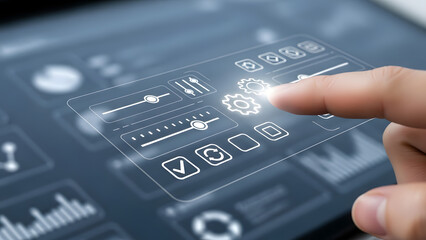 Hand interacting with futuristic computer interface technology