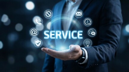 A businessman is shown presenting the concept of service through a glowing digital interface with various icons surrounding his hand high quality professional