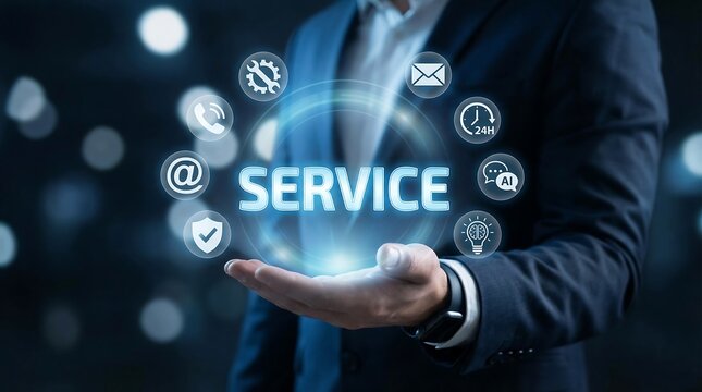 A businessman is shown presenting the concept of service through a glowing digital interface with various icons surrounding his hand high quality professional - Powered by Adobe