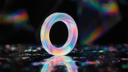 Abstract iridescent ring reflecting light on a dark surface.