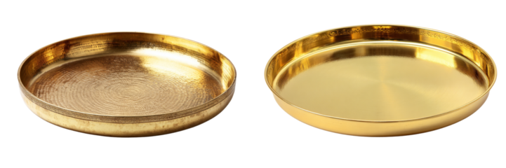 Two gold colored metal plates with decorative edges isolated on transparent background