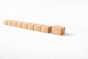 Logistics delay concept with a long orderly line of cardboard boxes and one box positioned ahead, symbolizing waiting time, processing delay or slowed delivery flow, with copy space