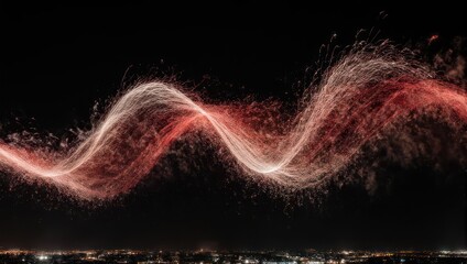 Abstract light painting of a wavy line over a city skyline.