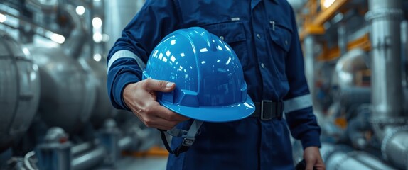 Industrial worker holding blue hard hat in factory setting