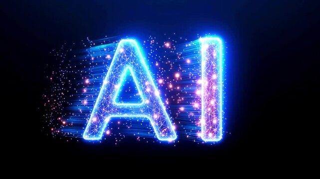 Artificial Intelligence with glowing particles. Abstract technology concept. Neon glowing particles floating on dark background