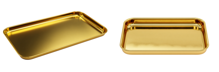 Two gold foil serving trays on transparent background for food presentation