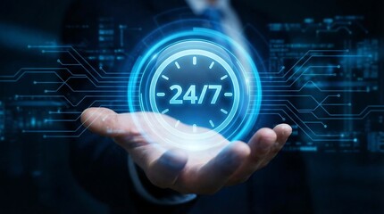 a man s hand is presenting a glowing digital clock displaying 24 7 surrounded by a network of intricate circuit board lines and