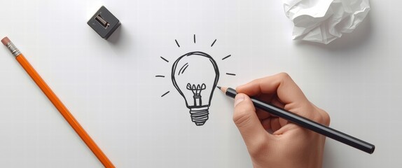 Creative hand drawing lightbulb idea with pencil on white background