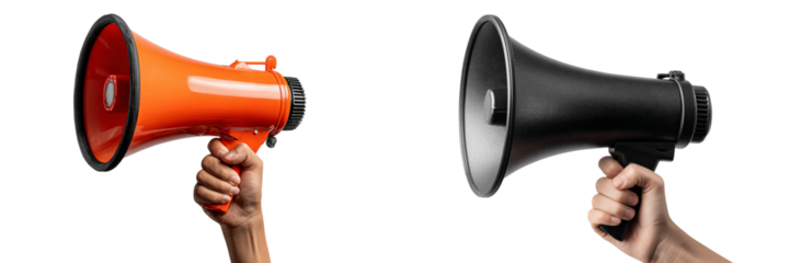 Two hands holding orange and black megaphones isolated on transparent background for announcement