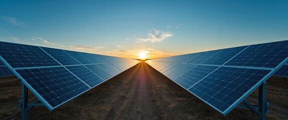 Solar panels at sunset with sun rays shining through