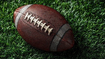 Overhead view of a football on the field surrounded by green grass and white lines, showcasing the details of the ball and surface in bright daylight