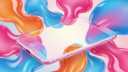Futuristic pink smartphone with transparent glass screen surrounded by colorful liquid blob shapes