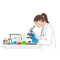 Scientist using microscope in lab with equipment and laptop, illustration