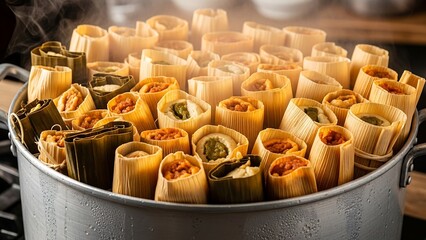 Steaming pot of traditional tamales ready.