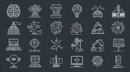 Collection of thin line icons representing artificial intelligence concepts like brain, robotics, machine learning, and algorithms for web use