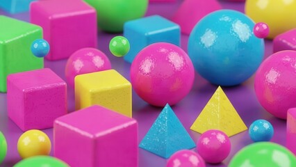 Seamless pattern background colorful shiny geometric shapes spheres cubes pyramids abstract texture design