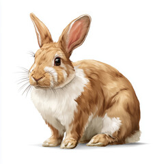 A lifelike illustration of a brown and white rabbit, seated calmly with soft fur, long ears, and expressive eyes. Ideal for pet, nature, or children's content, conveying gentleness, curiosity