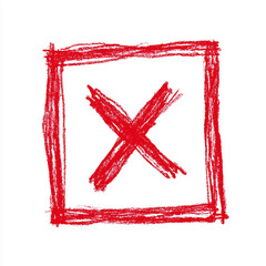 A bold red X painted with rough strokes sits within a roughly drawn square frame, conveying error, cancellation, or warning. The gritty texture suggests urgency and negative feedback.
