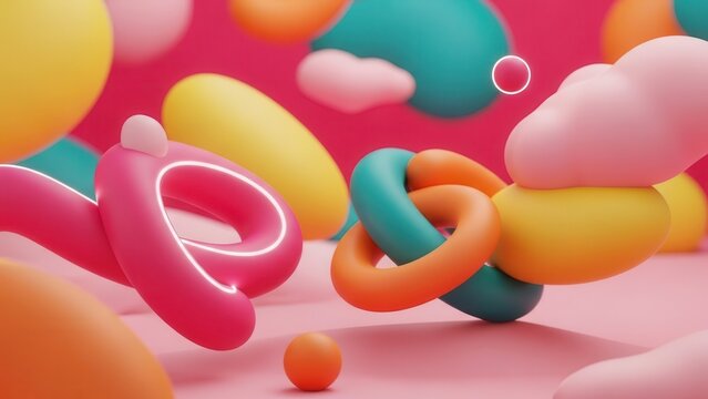 Vibrant colorful abstract 3d composition with floating liquid inflated geometric shapes fun background - Powered by Adobe