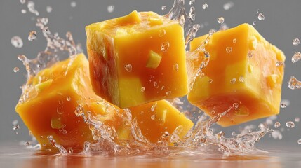 Falling mango cube creates splash on a transparent background with high quality presentation showing vibrant orange color and unique shape of the fruit