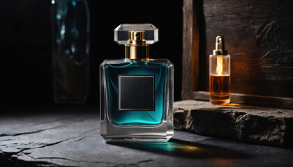 A transparent bottle of perfume with blank label in a dark stone and old wood decor. 