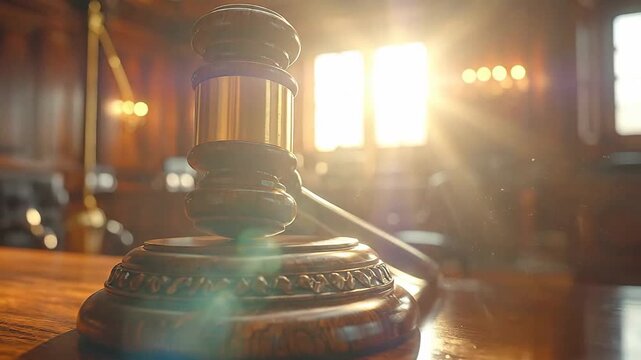 Wooden gavel resting on a shiny wooden surface in a bright, sunlit room.