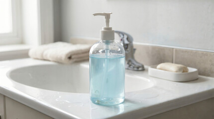 Antiseptic bottle in sink with blue liquid on countertop in bathroom  