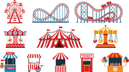 Amusement park attractions vector set featuring ferris wheel roller coaster circus tent rides and carnival stalls © Rubya