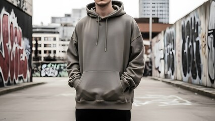 A man standing in an urban alleyway wearing a grey hoodie with hands in pockets