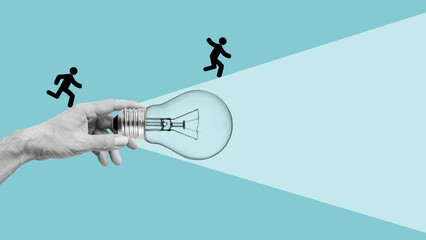 Innovation and searching for ideas - people run towards a new light bulb idea. motivation, creativity, problem-solving and success