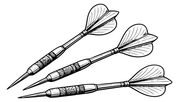 Hand drawn line art darts set featuring three classic game pieces for pub games and competition