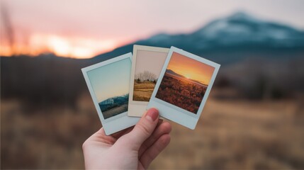 Holding instant photos of scenic landscapes at sunset