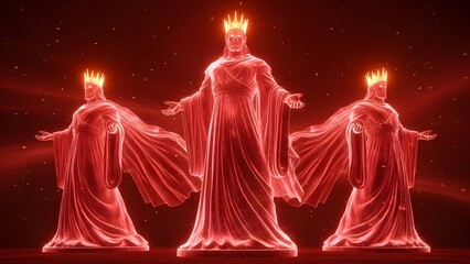 Three glowing red ethereal kings wearing crowns and robes with outstretched arms against a dark, starry background with red light rays.