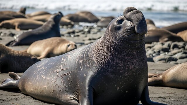 Seal on a rocky beach shore. - Powered by Adobe