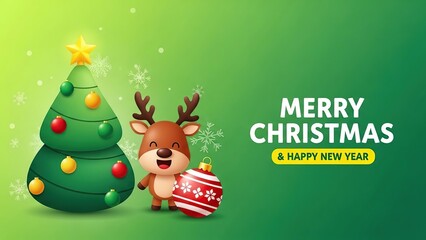 Naklejka premium Merry Christmas cartoon reindeer holding ornament by decorated tree 3D render