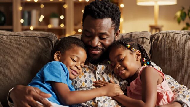 Smiling father embracing his two sleeping children on a cozy couch with warm string lights in the background at home