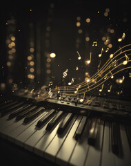 AI generator images of  The keys of a piano or keyboard have golden musical notes floating above the instrument. The piano is a keyboard instrument that produces sounds. Themes associated with classic