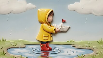A cute cartoon child in a yellow raincoat and red boots stands in a puddle, holding a paper boat with a red flag under a cloudy, rainy sky.