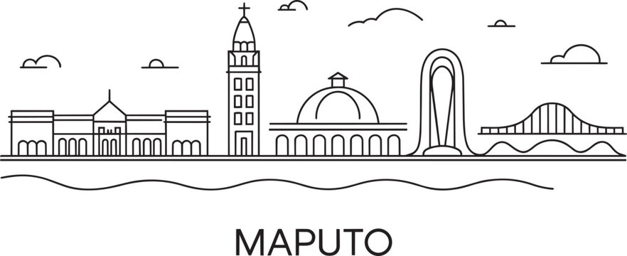 Maputo city skyline thin line art illustration with mozambique landmarks and coastal elements