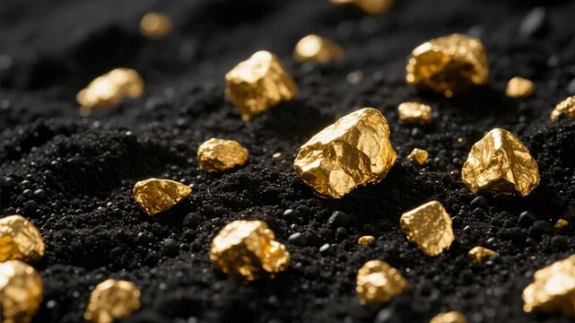 Gold nugget mineral natural precious metal black soil with industrial mining concept showing shiny metallic texture and rough natural