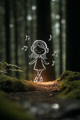 AI generator images of  A watercolor line illustration depicting a young girl happily walking and listening to music. The image conveys a feeling of relaxation and enjoyment of the music, emphasizing 