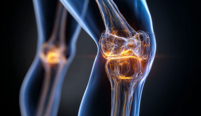 Detailed close-animated movie of a human knee joint showing bone structure, cartilage, and connective tissues with a focus on internal anatomy and textures