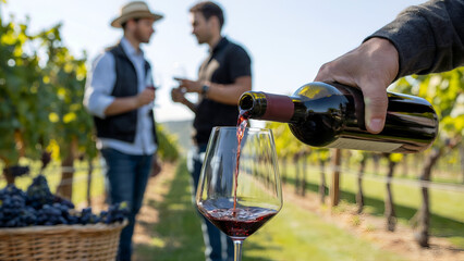 Hand pouring red wine into glass in vineyard with friends