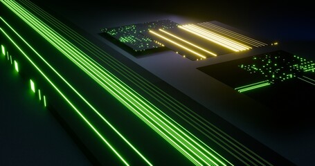 Futuristic digital circuit board with glowing neon green and yellow light trails