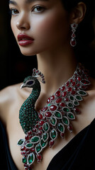 AI generator images of Necklace , peacock necklace adorned with green and blue gemstones made from diamonds, emeralds, jade and zircons.