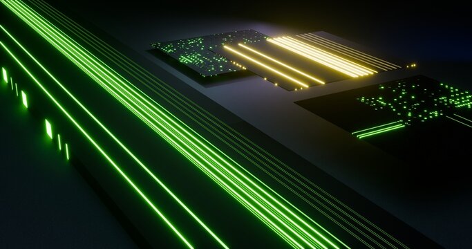 Futuristic digital circuit board with glowing neon green and yellow light trails - Powered by Adobe