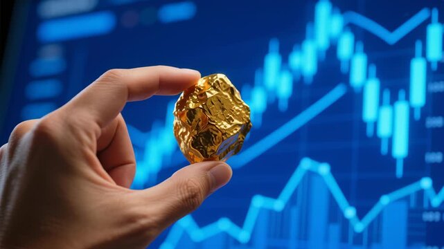 Gold mining. Gold nugget held by hand with industrial mineral wealth investment on financial chart showing market trends and finance growth